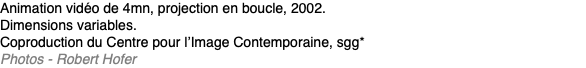 Animation vidéo de 4mn, projection en boucle, 2002. Dimensions variables. Coproduction du Centre pour l’Image Contemporaine, sgg* Photos - Robert Hofer